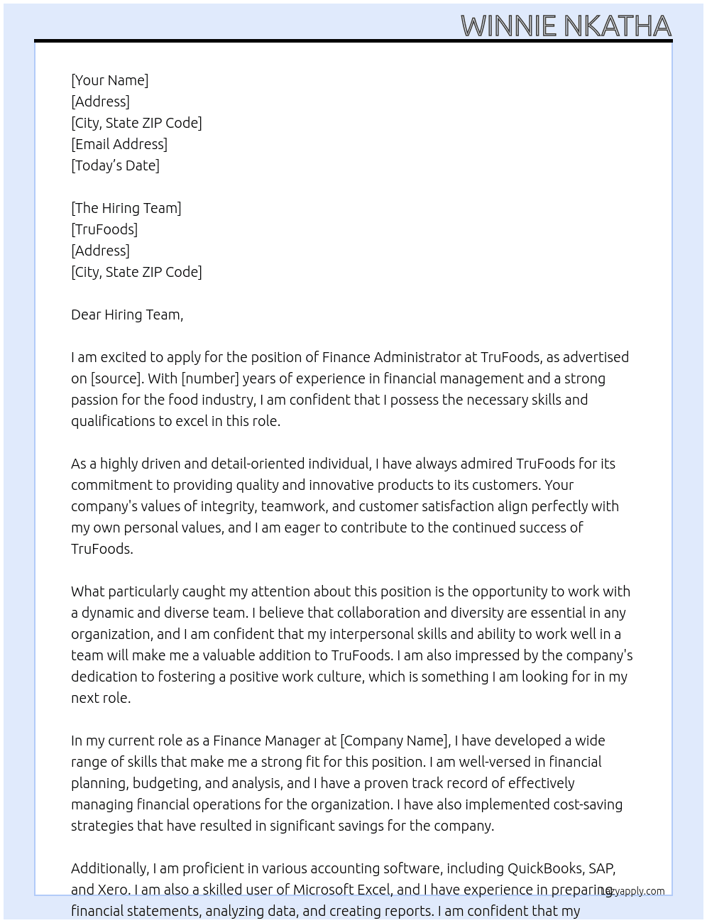 Finance Administrator  At TruFoods Cover Letter