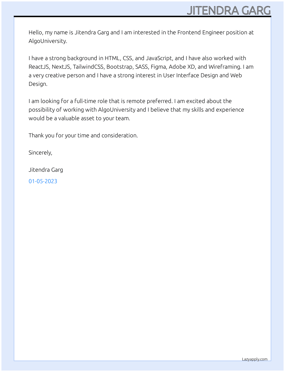 Frontend Engineer At AlgoUniversity Cover Letter