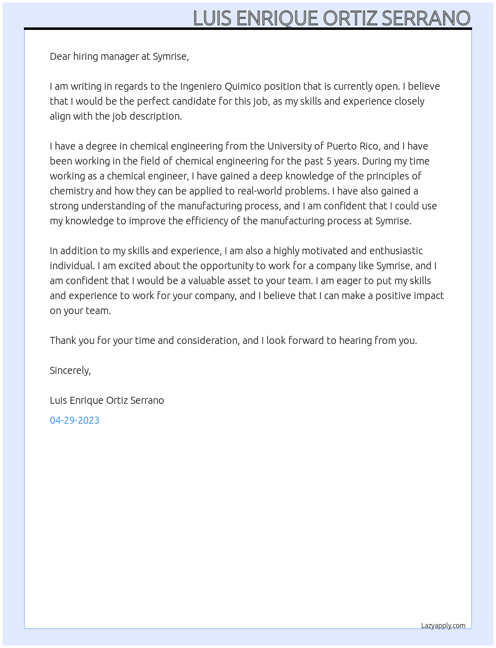 Ingeniero Quimico At  Symrise Cover Letter