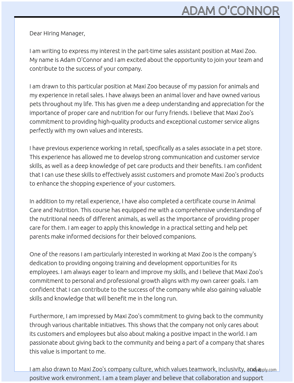 part time sales assistant  At maxi zoo Cover Letter