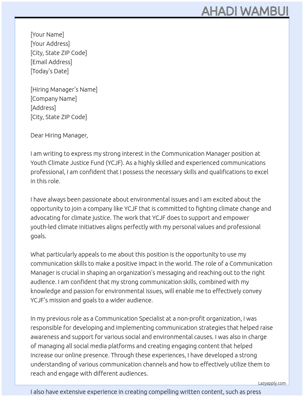 Communication Manager At Youth Climate Justice Fund (YCJF) Cover Letter