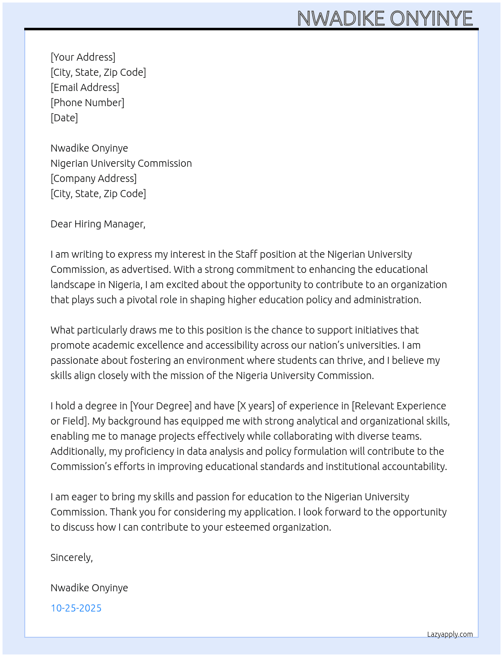 Cover letter for staff - LazyApply