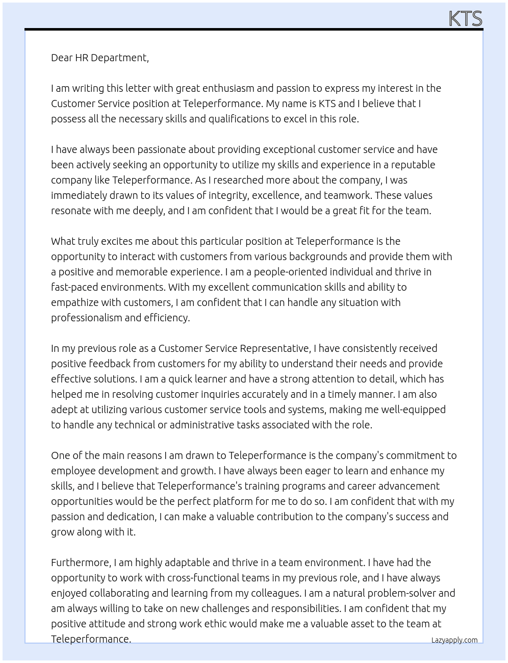 coustomer service At Teleperforance Cover Letter