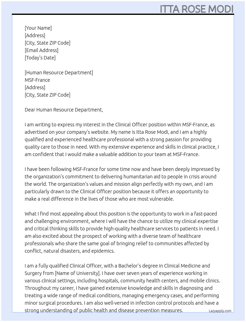 Clinical Officer At MSF-France Cover Letter
