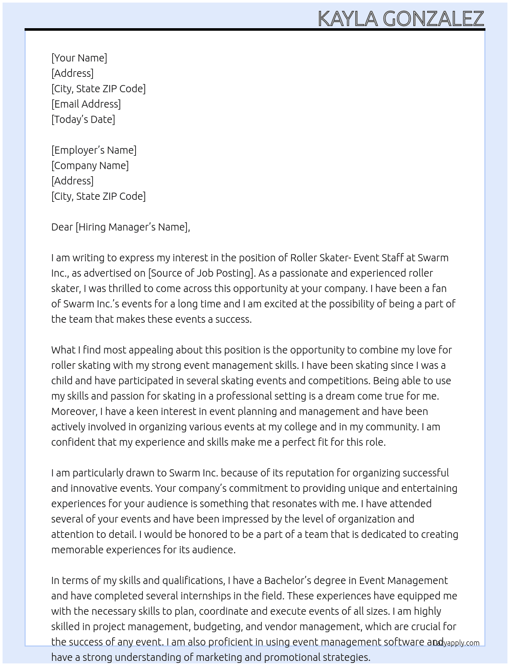 Roller Skater- Event Staff At Swarm Inc. Cover Letter