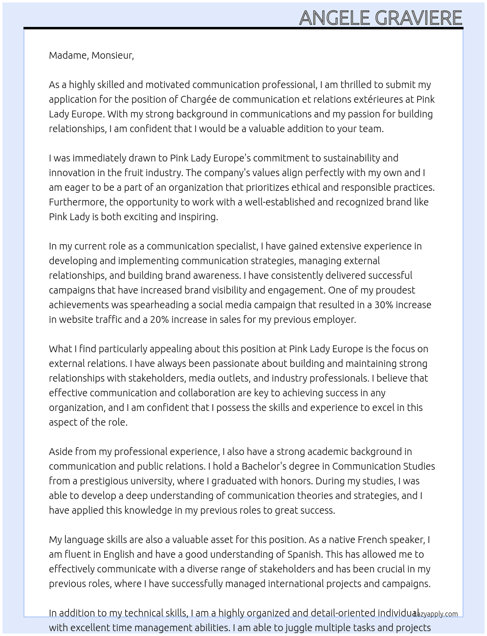 Chargée de communication et relations extérieures At Pink Lady Europe Cover Letter