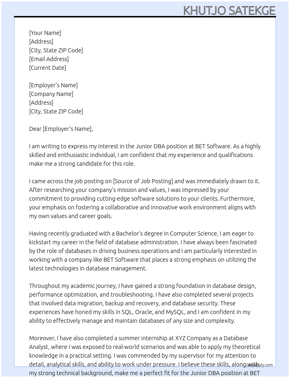 Junior DBA  At BET Software Cover Letter
