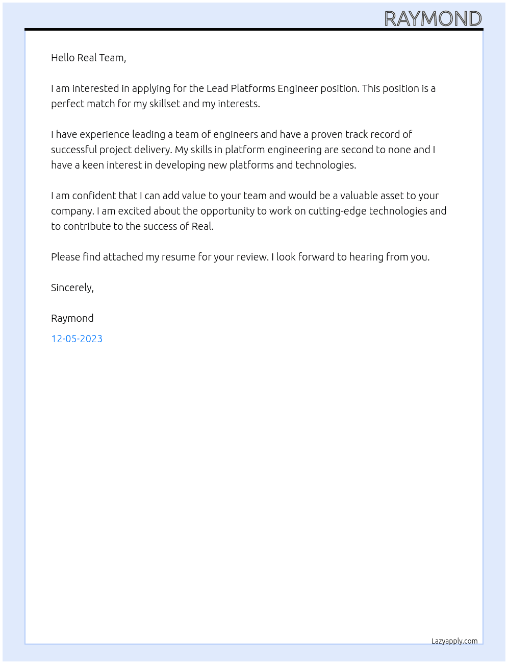 Lead Platforms Engineer At Real Cover Letter