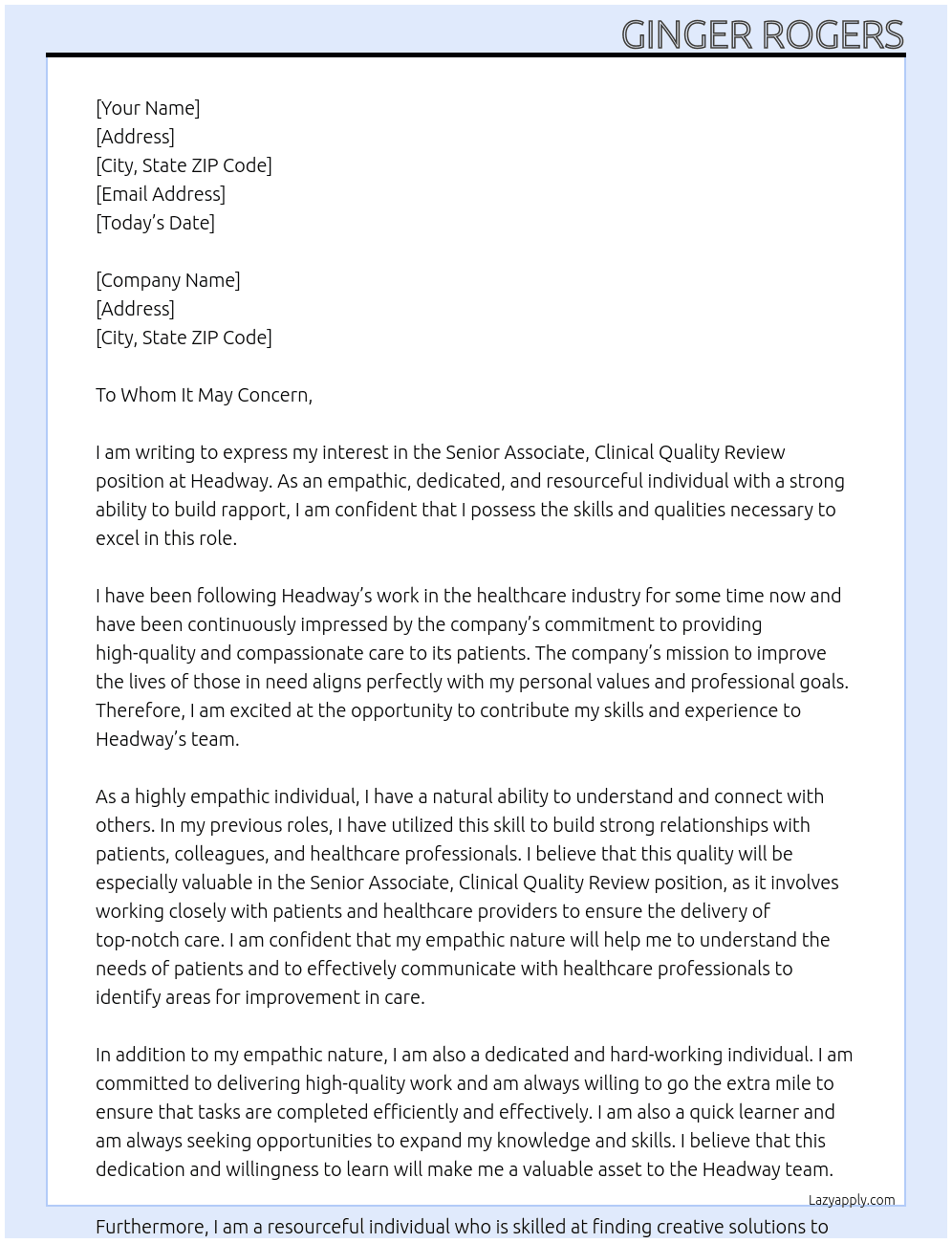 Senior Associate, Clinical Quality Review At Headway  Cover Letter