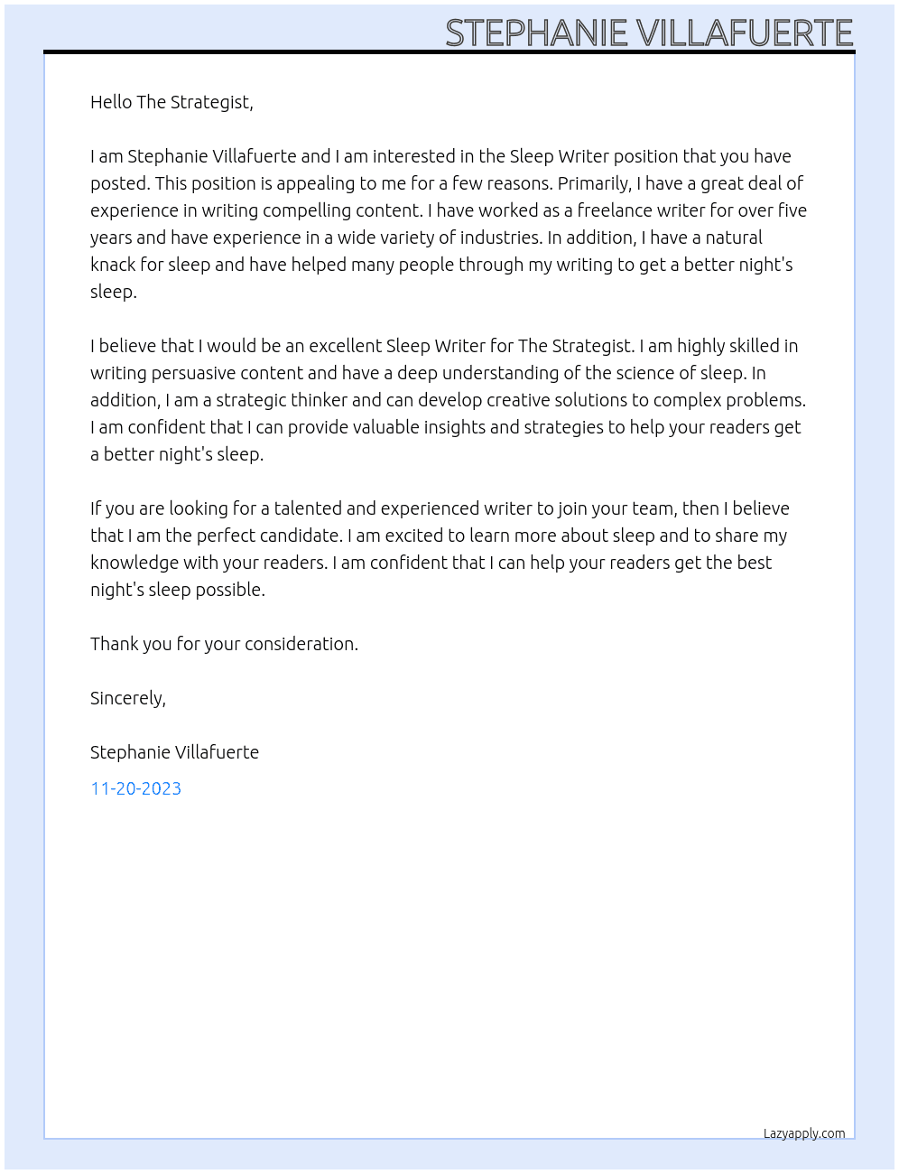 Sleep Writer At The Strategist Cover Letter