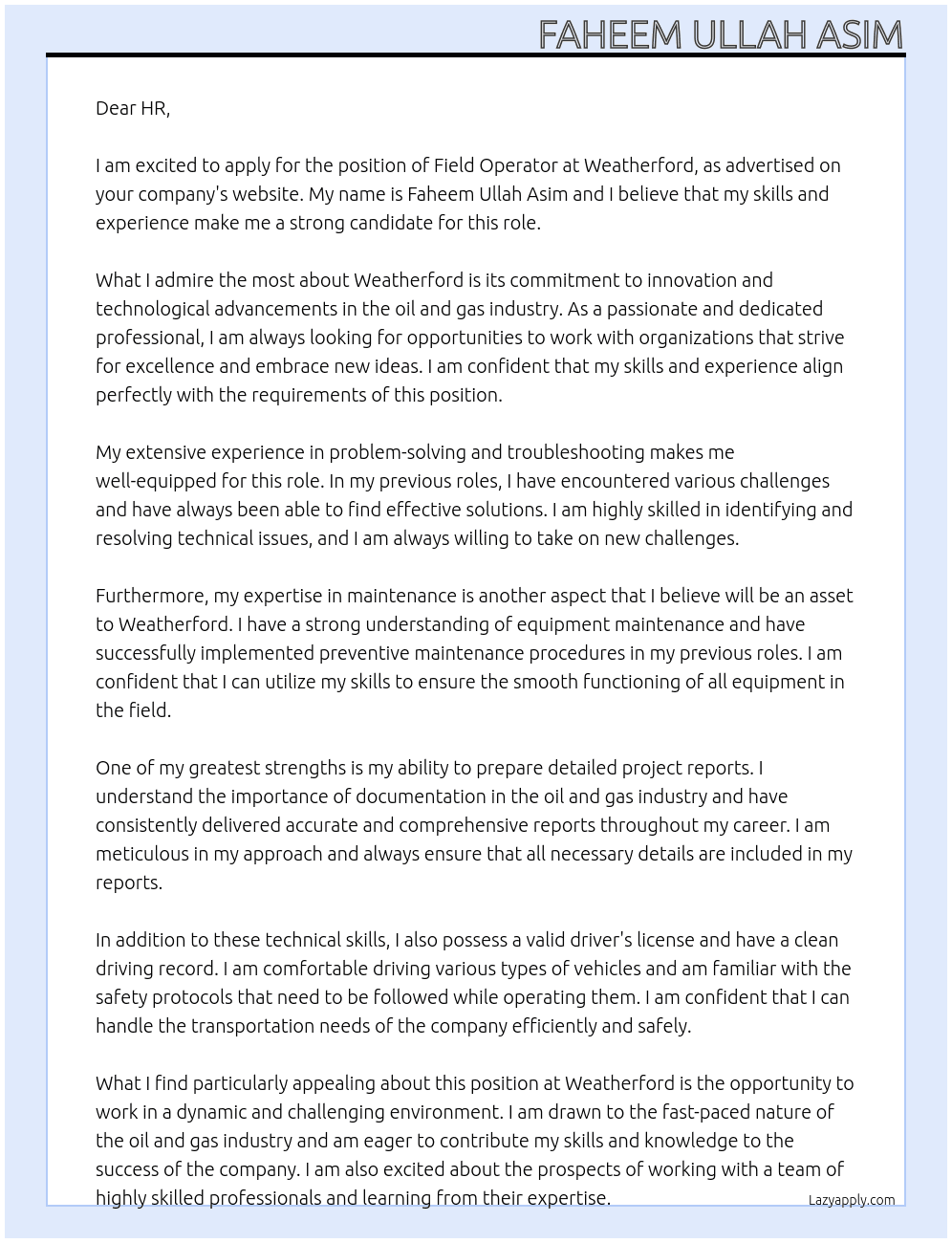 field operator At Weatherford Cover Letter