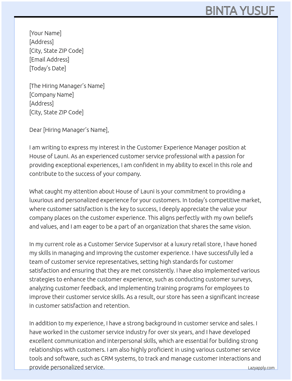Customer Experience Manager At House of Launi Cover Letter