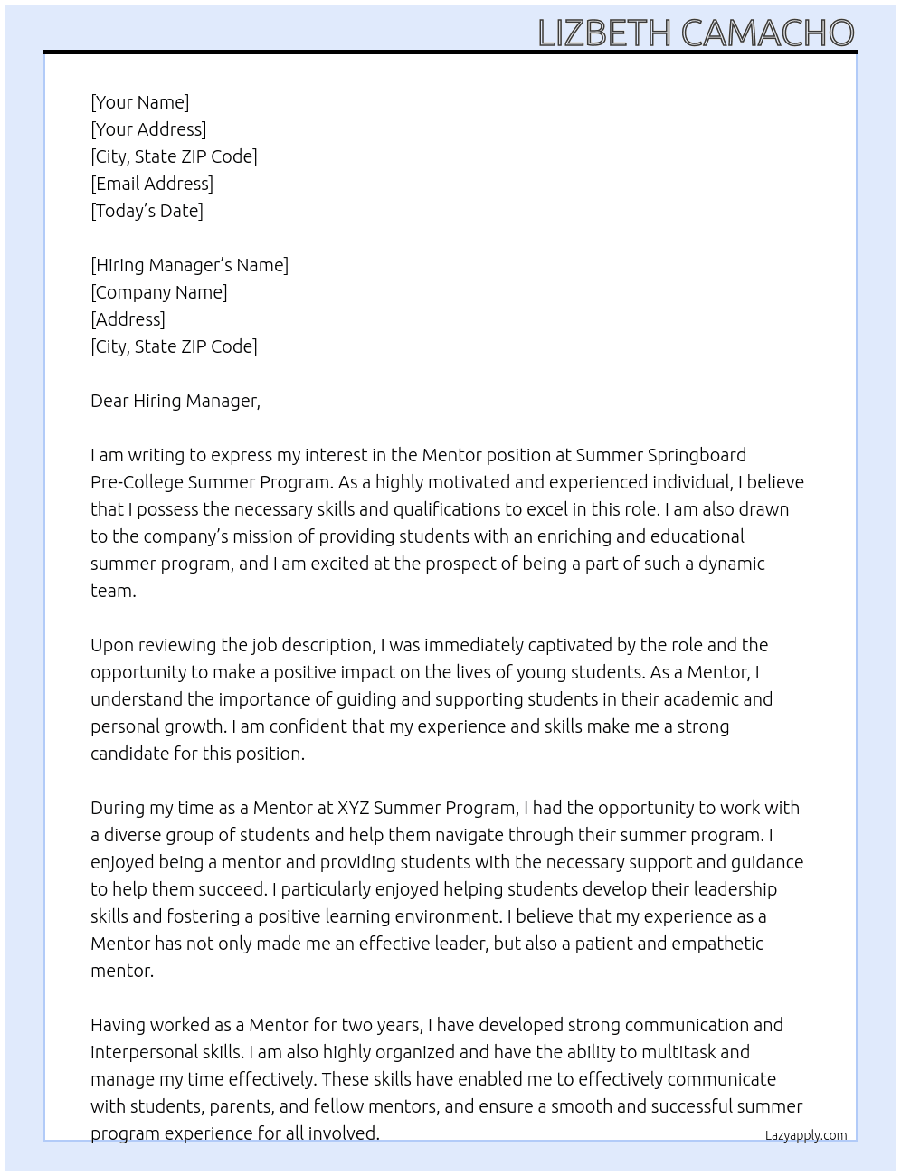 Mentor At Summer Springboard Pre-College Summer Program Cover Letter