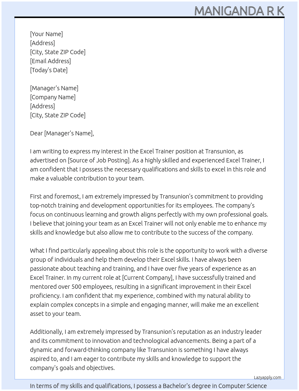 Excel Trainer At Transunion Cover Letter
