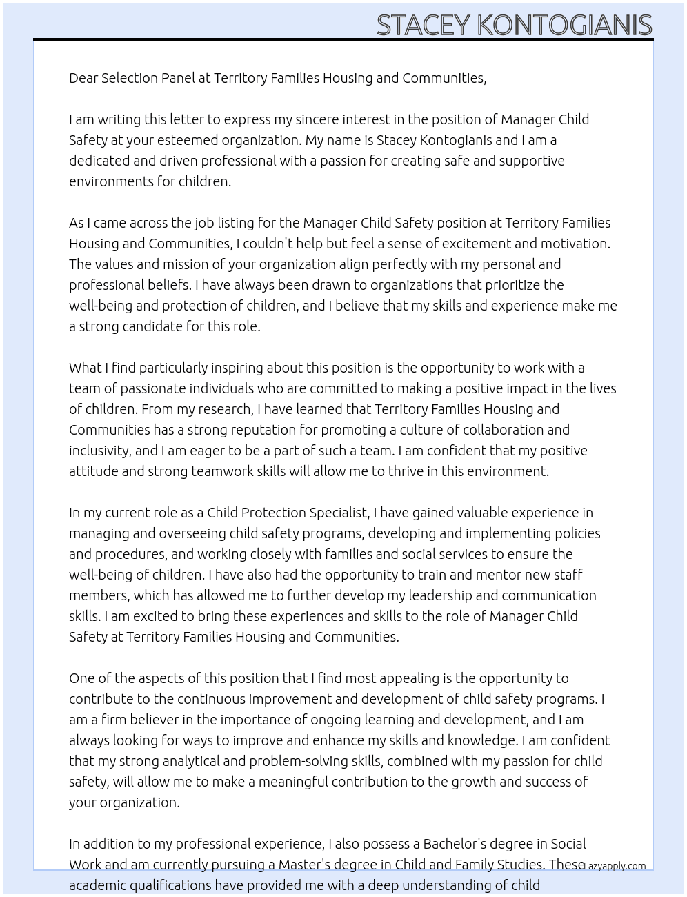 Manager Child Safet At Territory Families Housing and Communities  Cover Letter