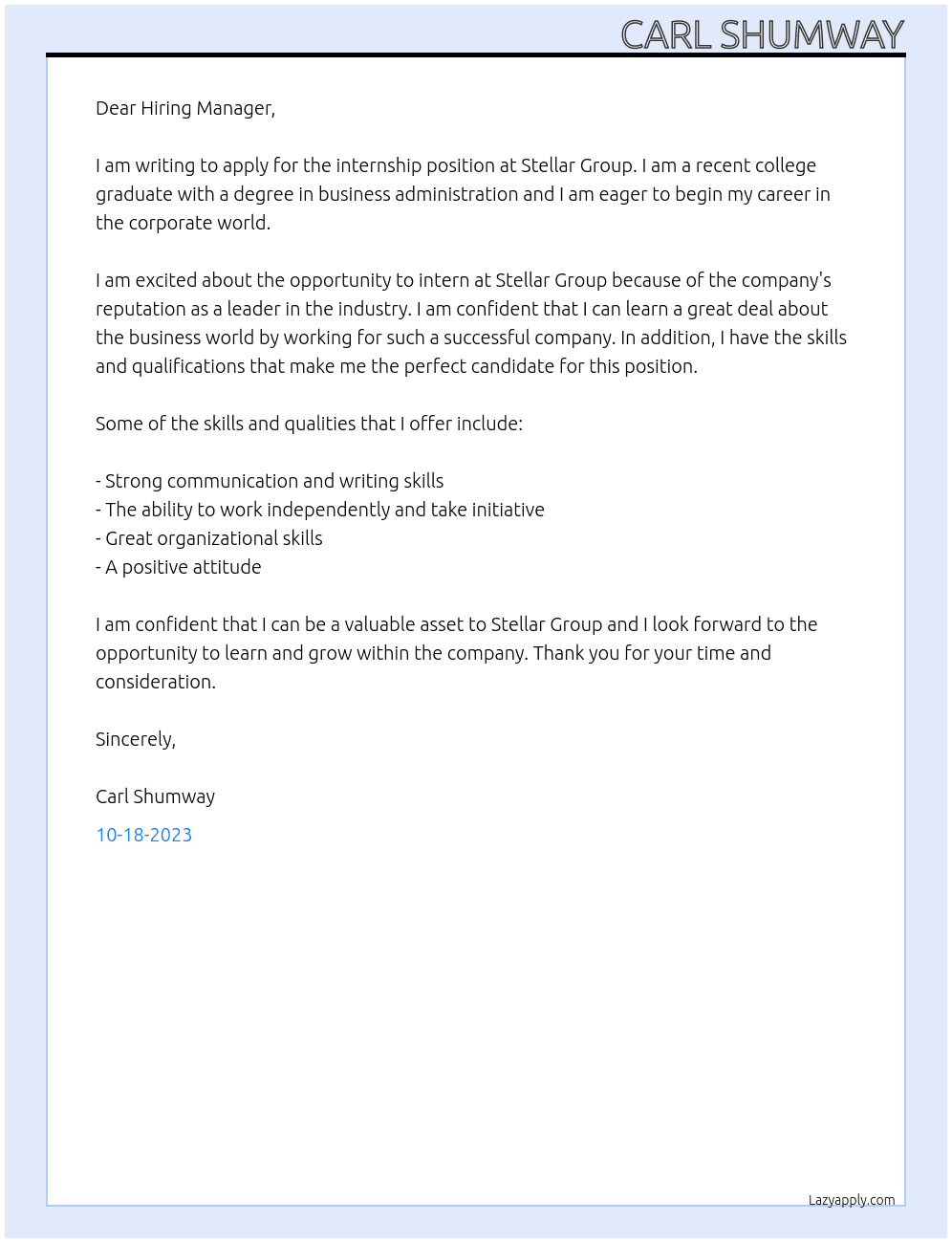 Internship At Stellar Group Cover Letter