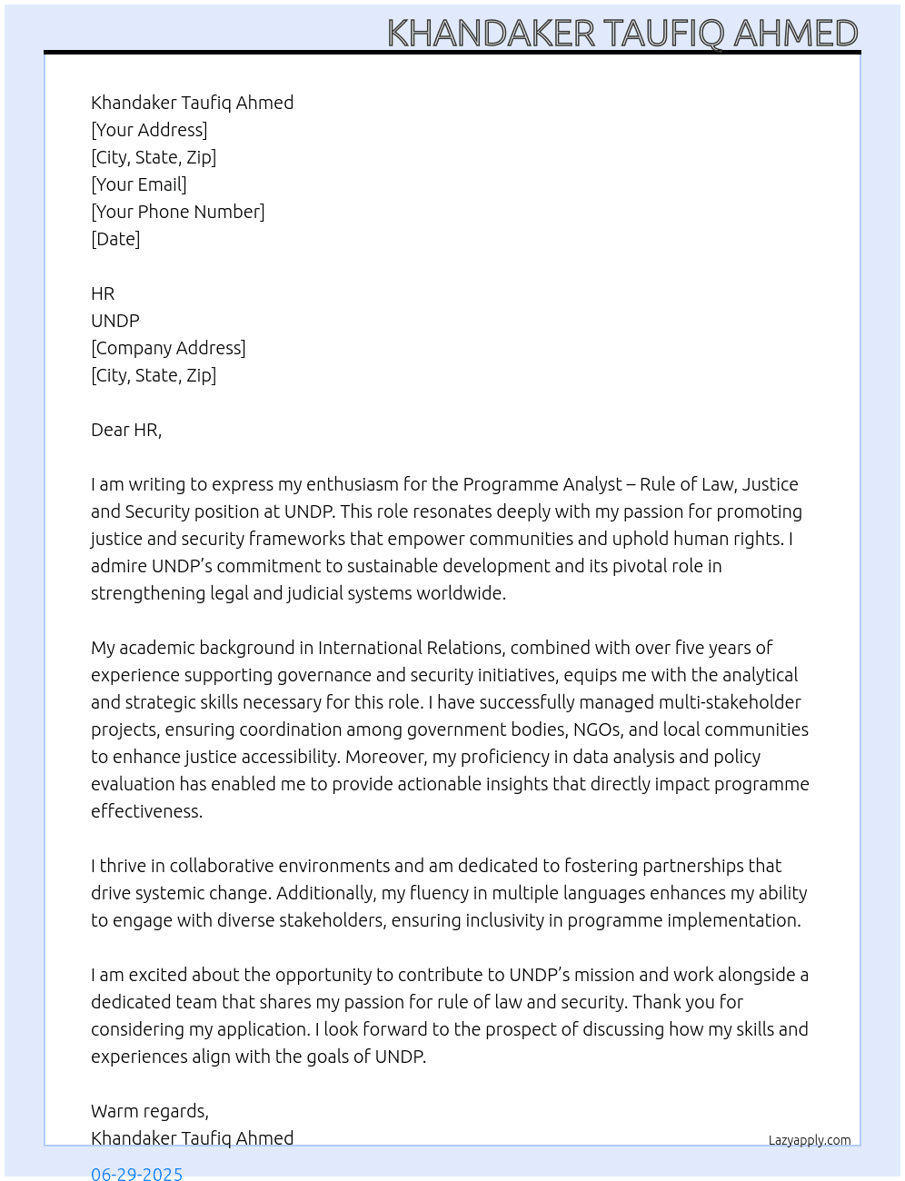 Programme Analyst – Rule of Law, Justice and Security At UNDP Cover Letter