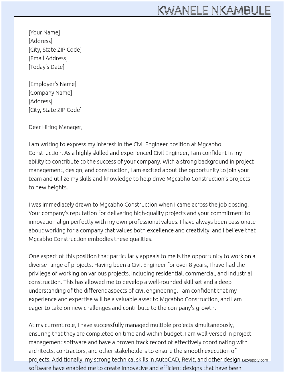 Civil engineers At Mgcabho  Construction  Cover Letter