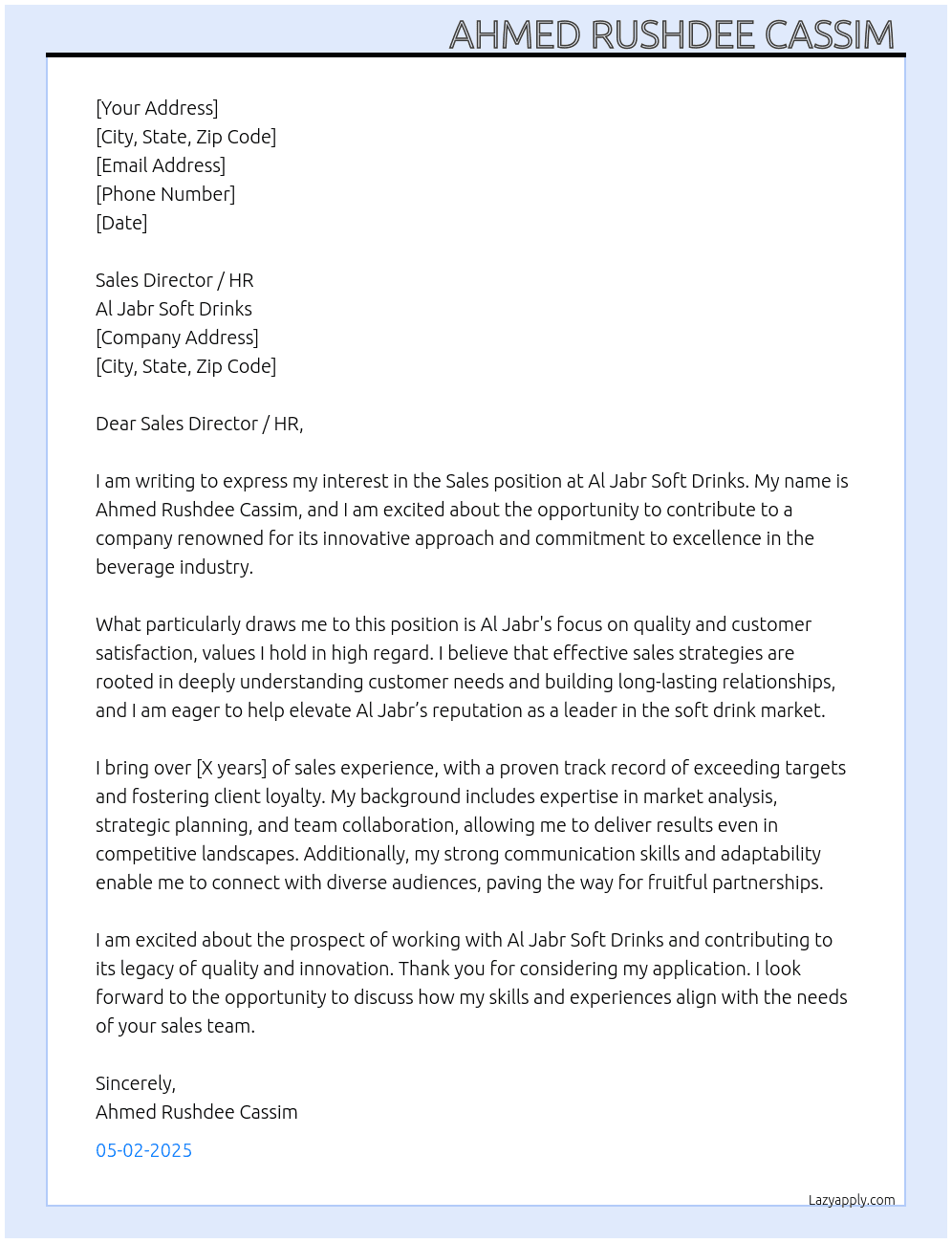 Sales  At Al Jabr soft drinks Cover Letter