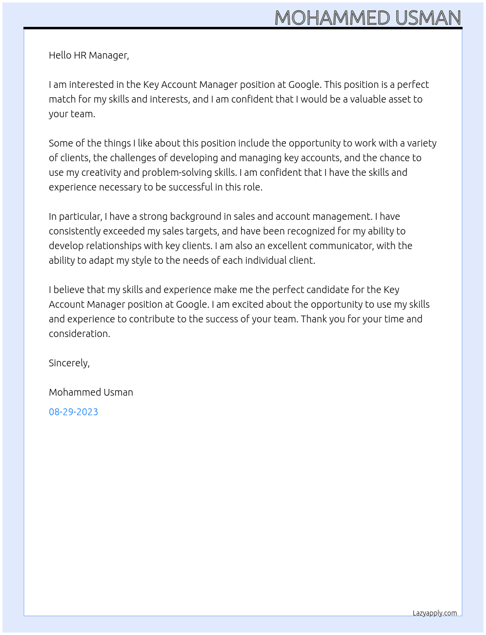 Key Account Manager At Google Cover Letter
