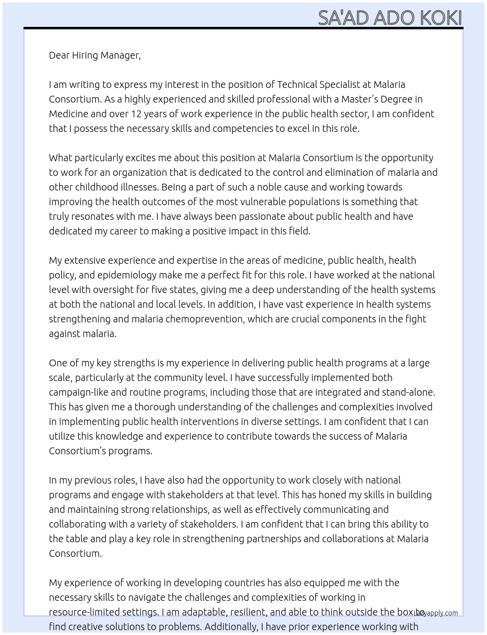 Technical Specialist At Malaria Consortium Cover Letter