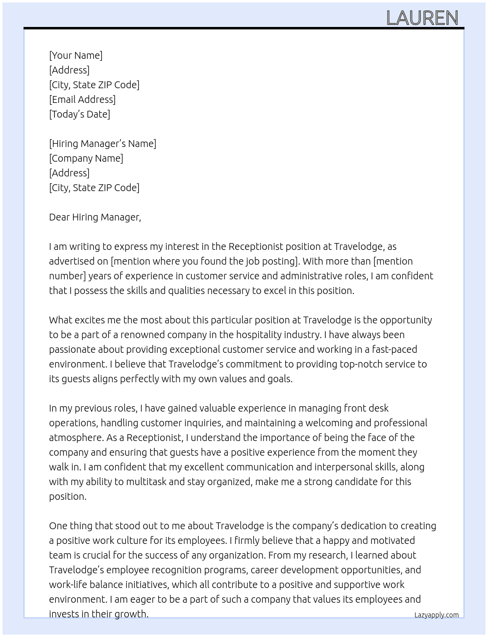 Receptionist  At Travelodge Cover Letter