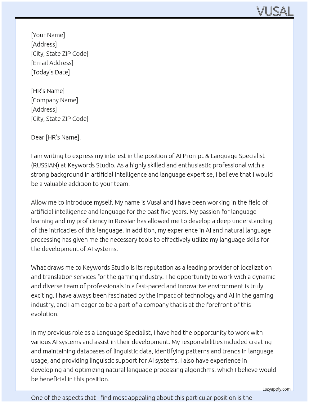 AI Prompt & Language Specialist (RUSSIAN) At Keywords Studio Cover Letter