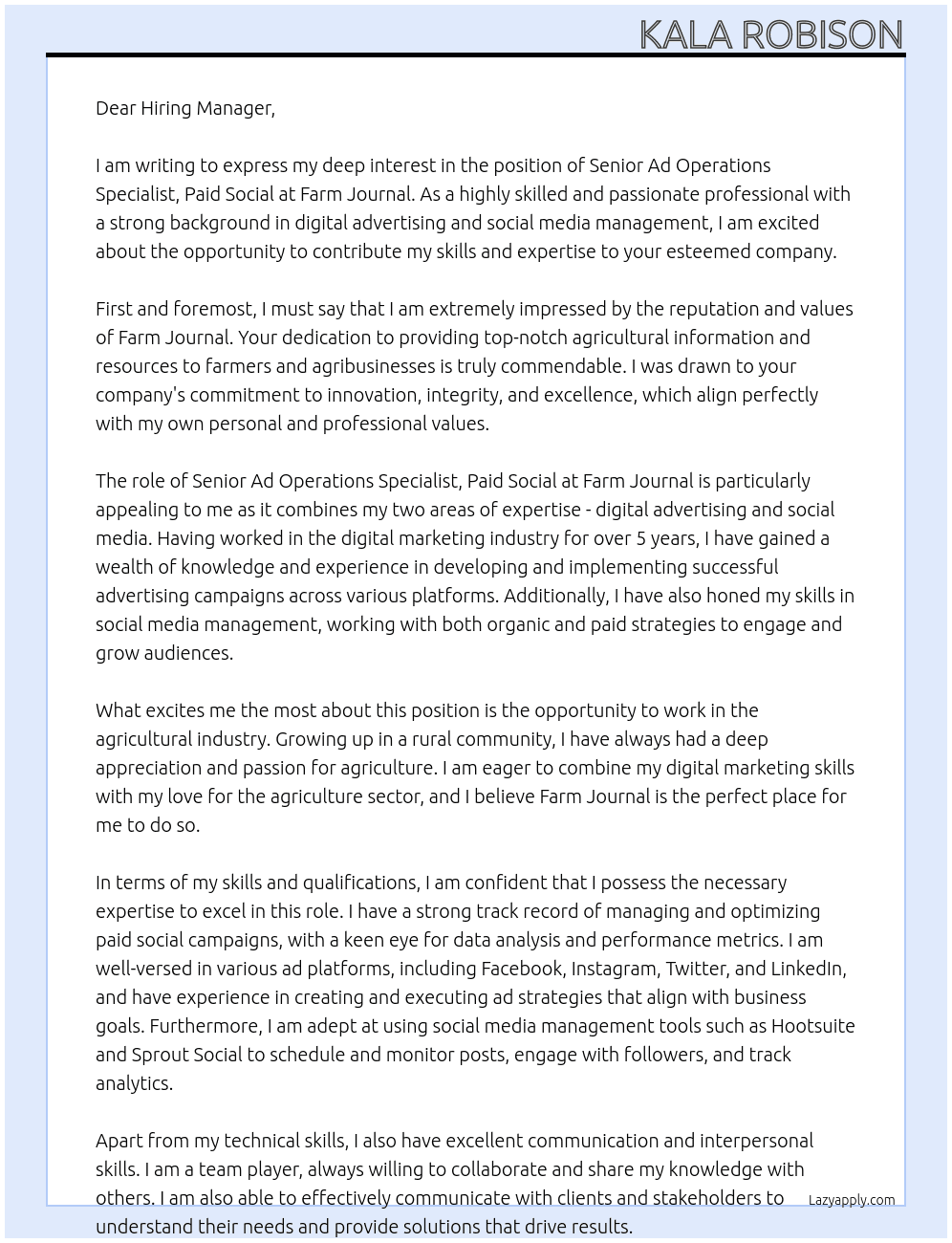 Senior Ad Operations Specialist, Paid Social At Farm Journal Cover Letter