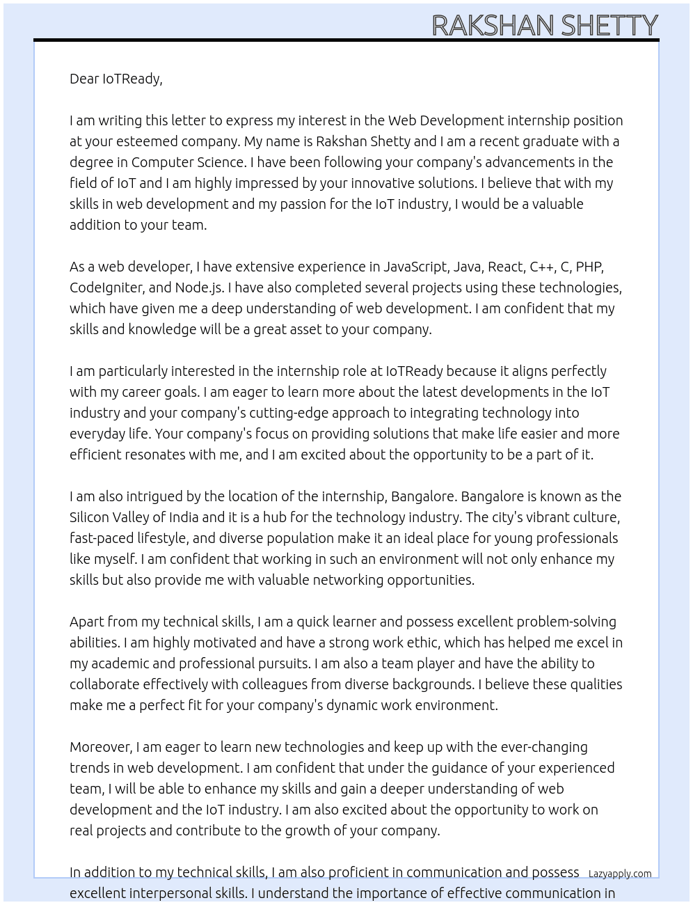Web Development internship At IotReady Cover Letter