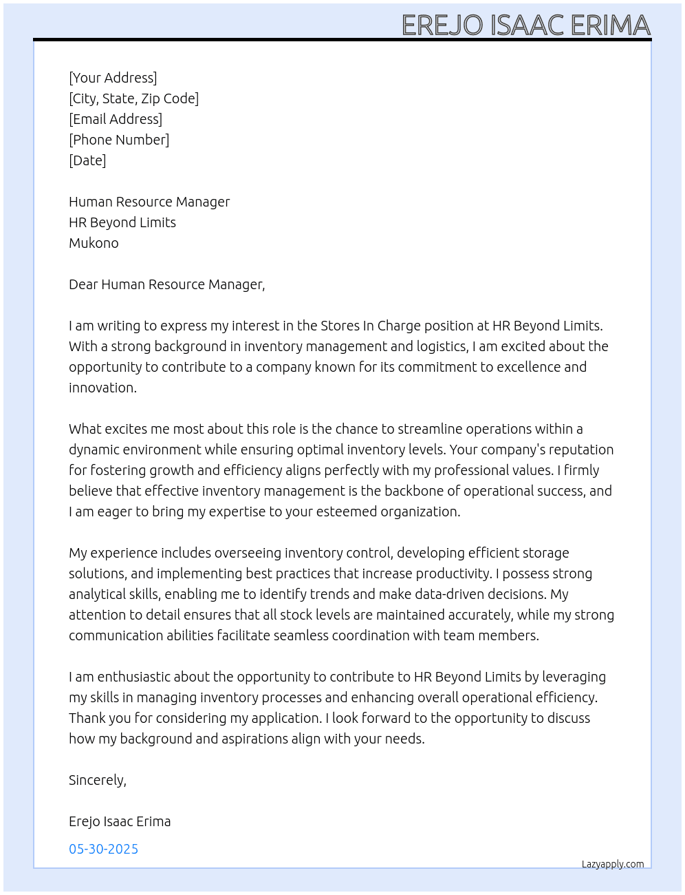 Stores In charge  At HR Beyond Limits - Mukono Cover Letter
