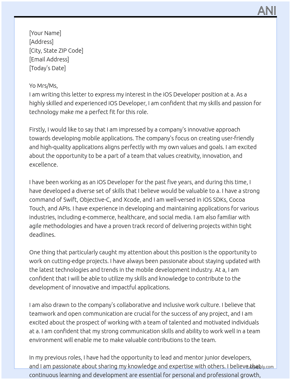 iOS Developer At a Cover Letter