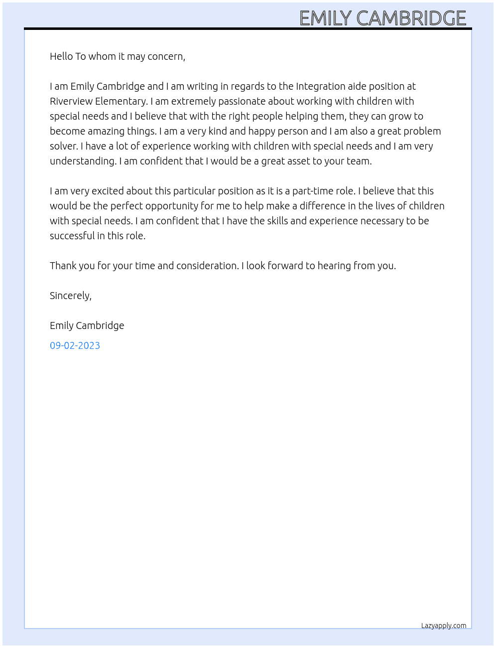 Integration aide At Riverview Elementary  Cover Letter