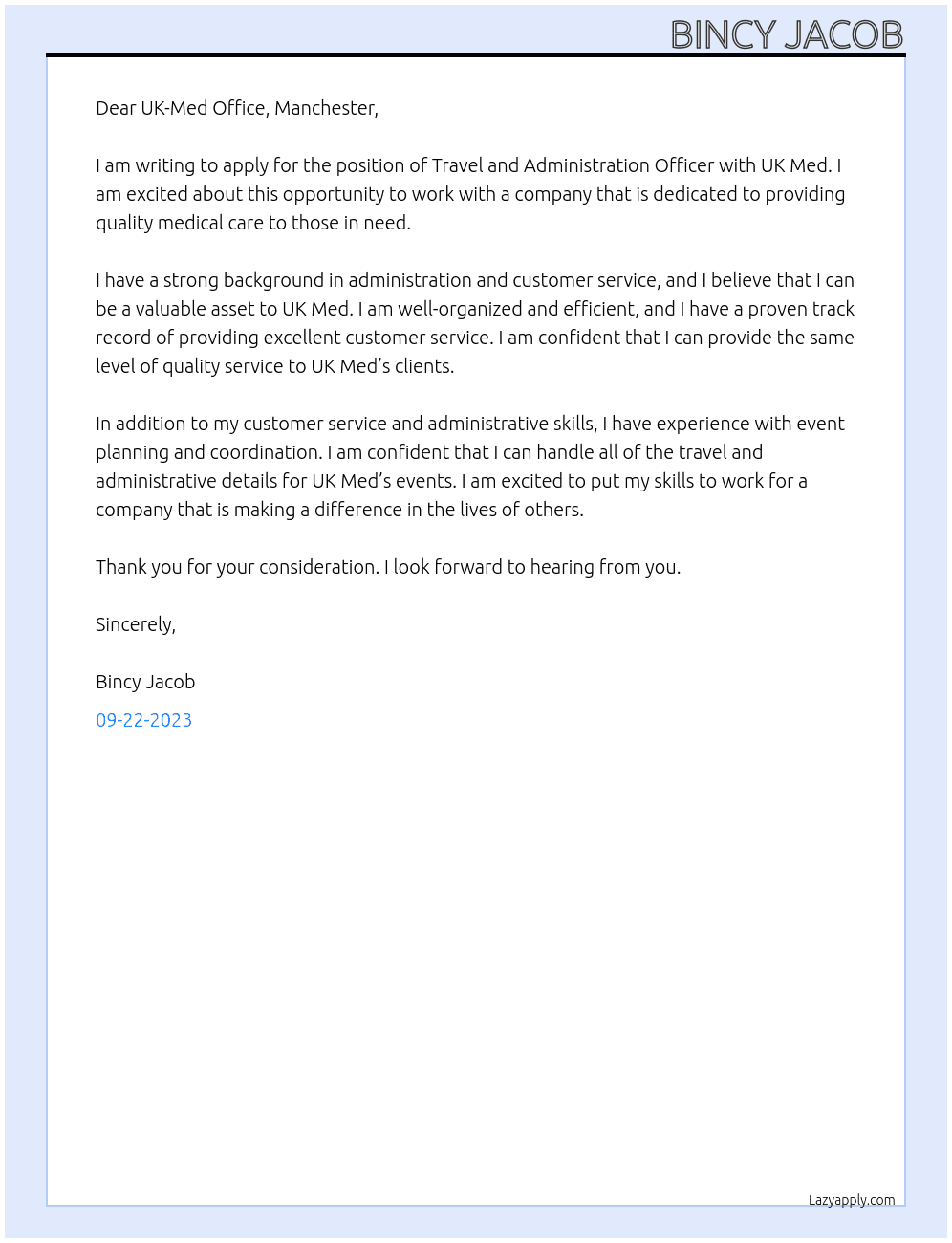 Cover letter for travel and administration officer - LazyApply