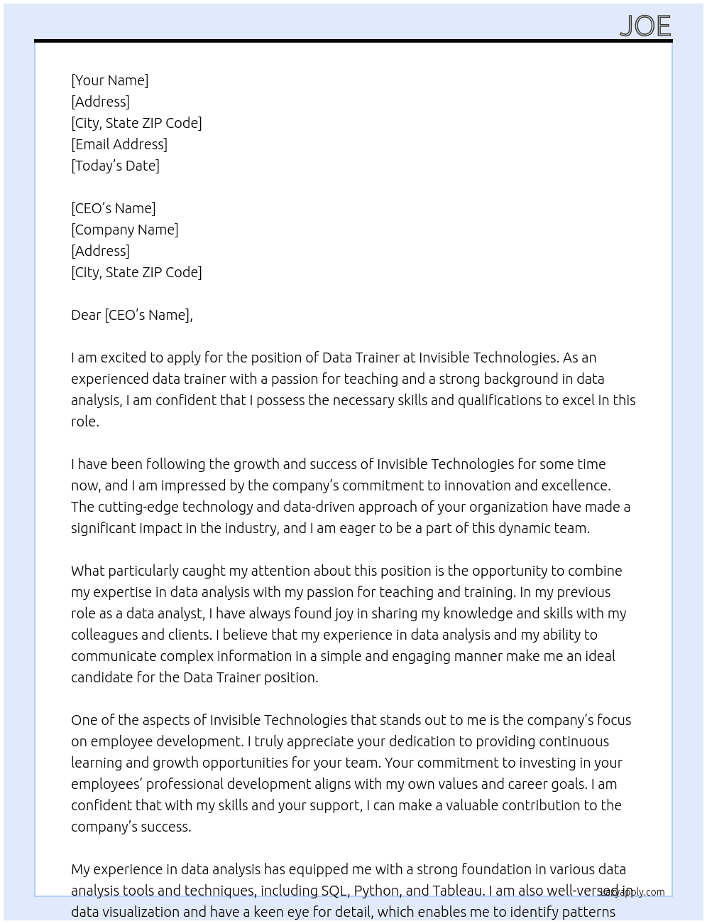 Data Trainer At Invisible Technologies Cover Letter