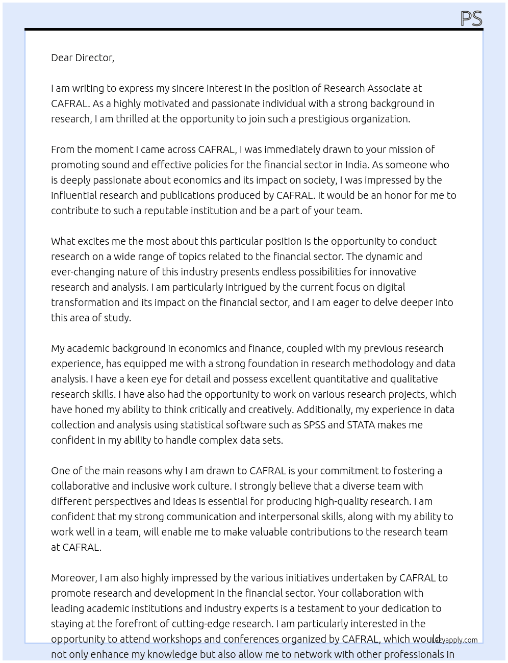 Research associate At CAFRAL Cover Letter