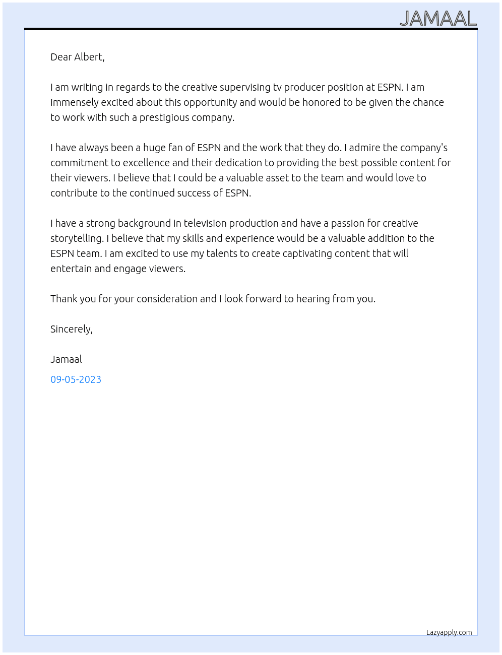 creative supervising tv producer At espn Cover Letter