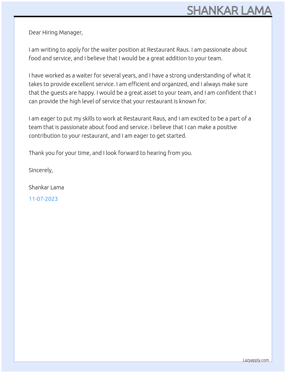 Waiter At Restaurant Raus Cover Letter