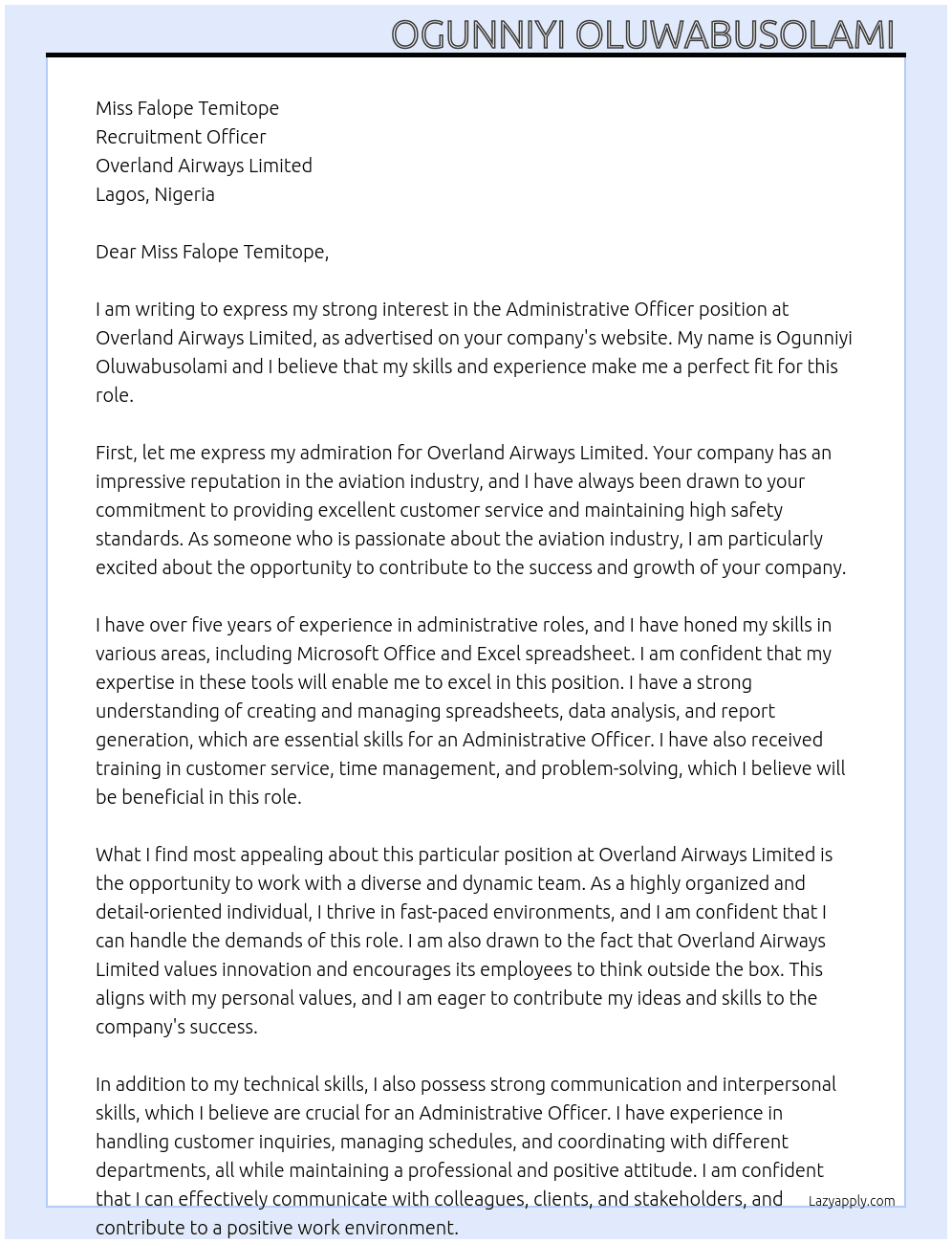 Administrative officer  At Overland Airways Limited  Cover Letter