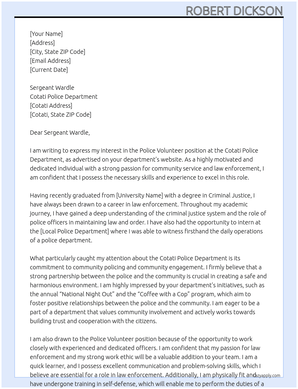 Police Volunteer  At Cotati Police Department  Cover Letter