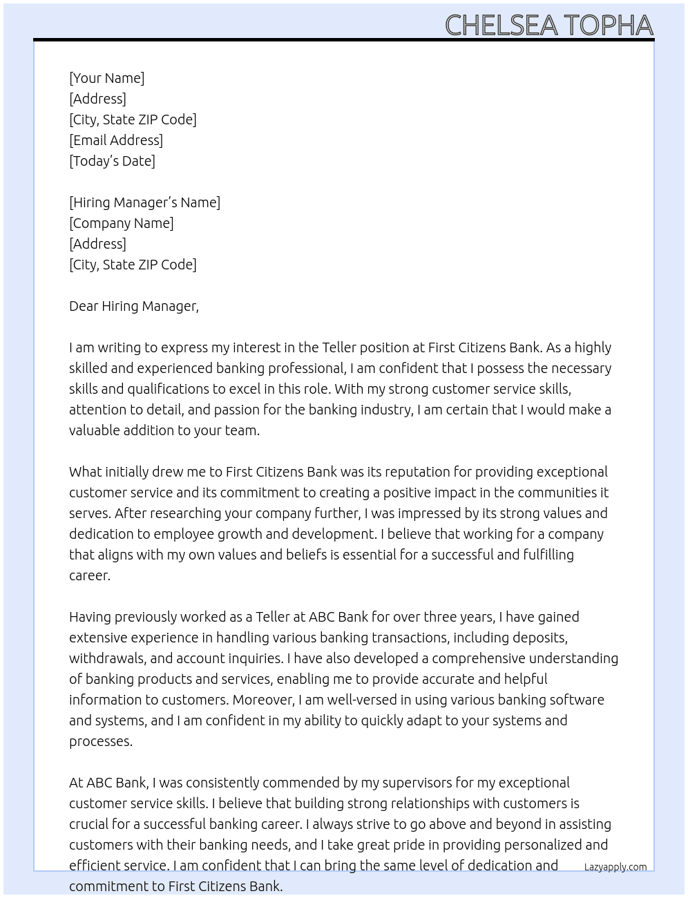 Teller At First Citizens Bank  Cover Letter