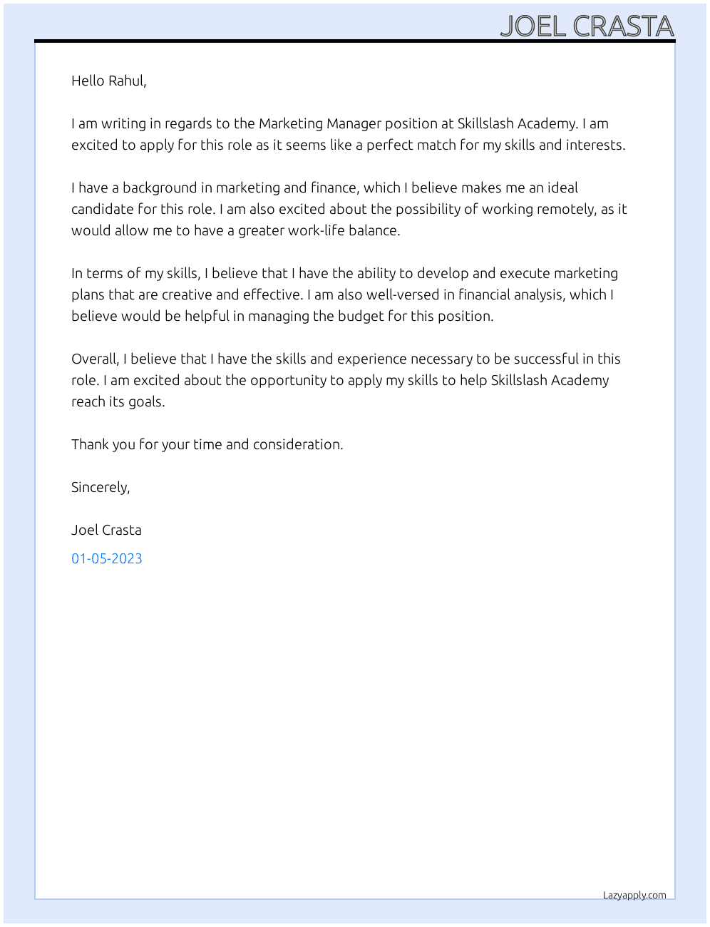Marketing Manager At Skillslash Academy Cover Letter