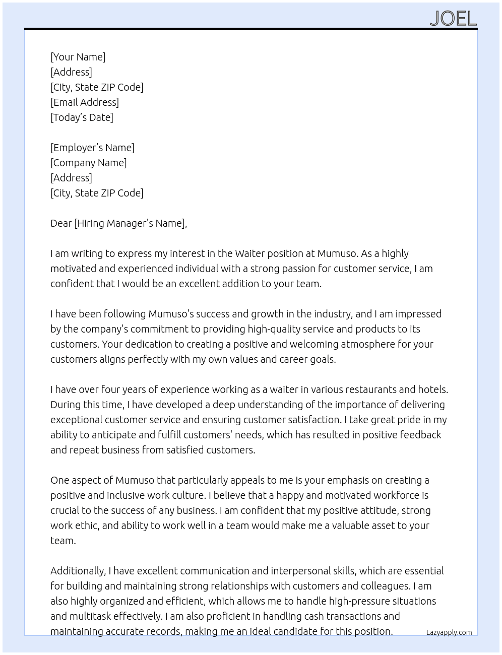 Waiter At Mumuso  Cover Letter