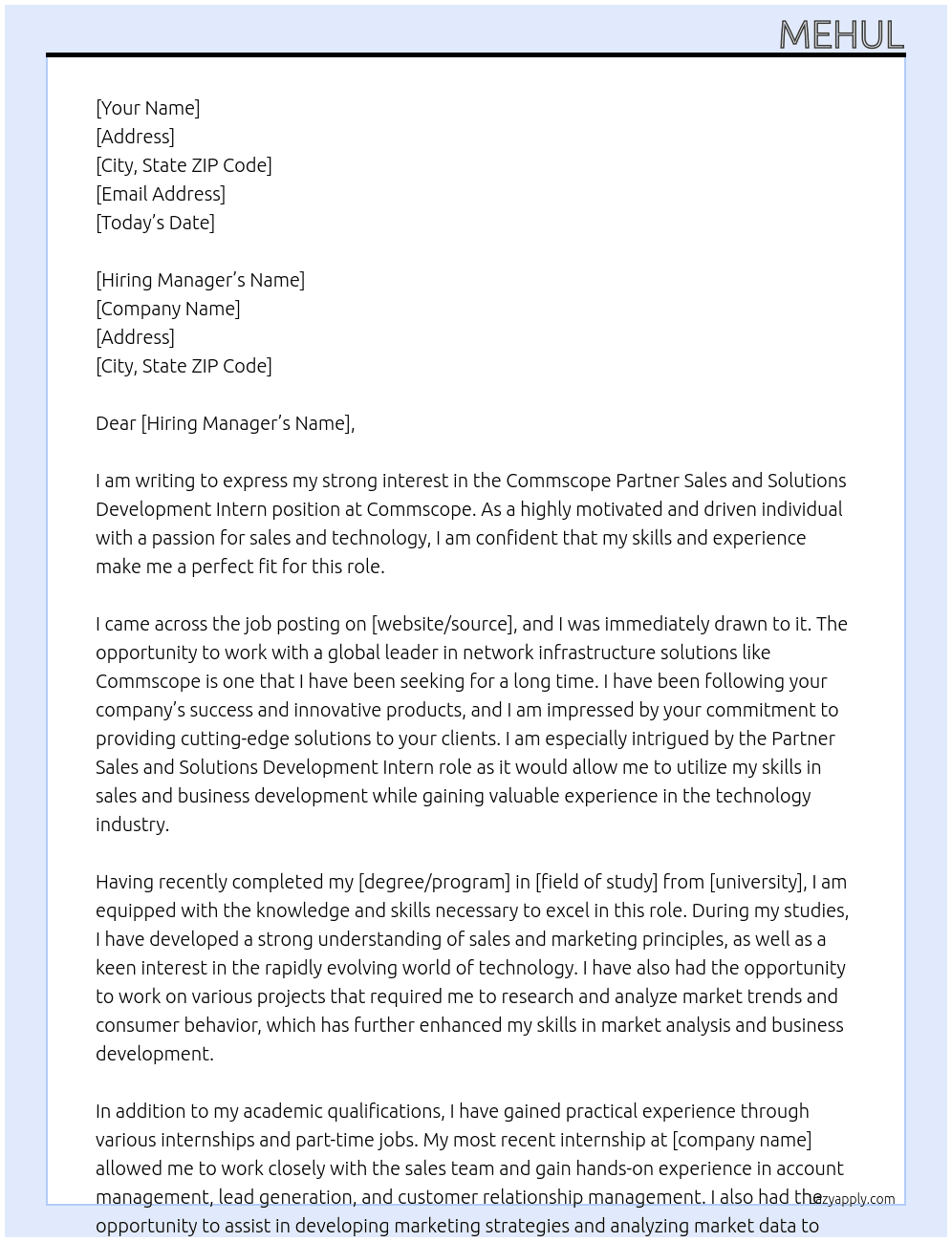 Commscope Partner Sales and Solutions Development Intern  At Commscope  Cover Letter