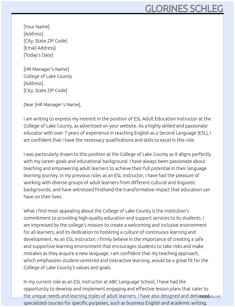ESL adult education instructor At College of Lake County Cover Letter
