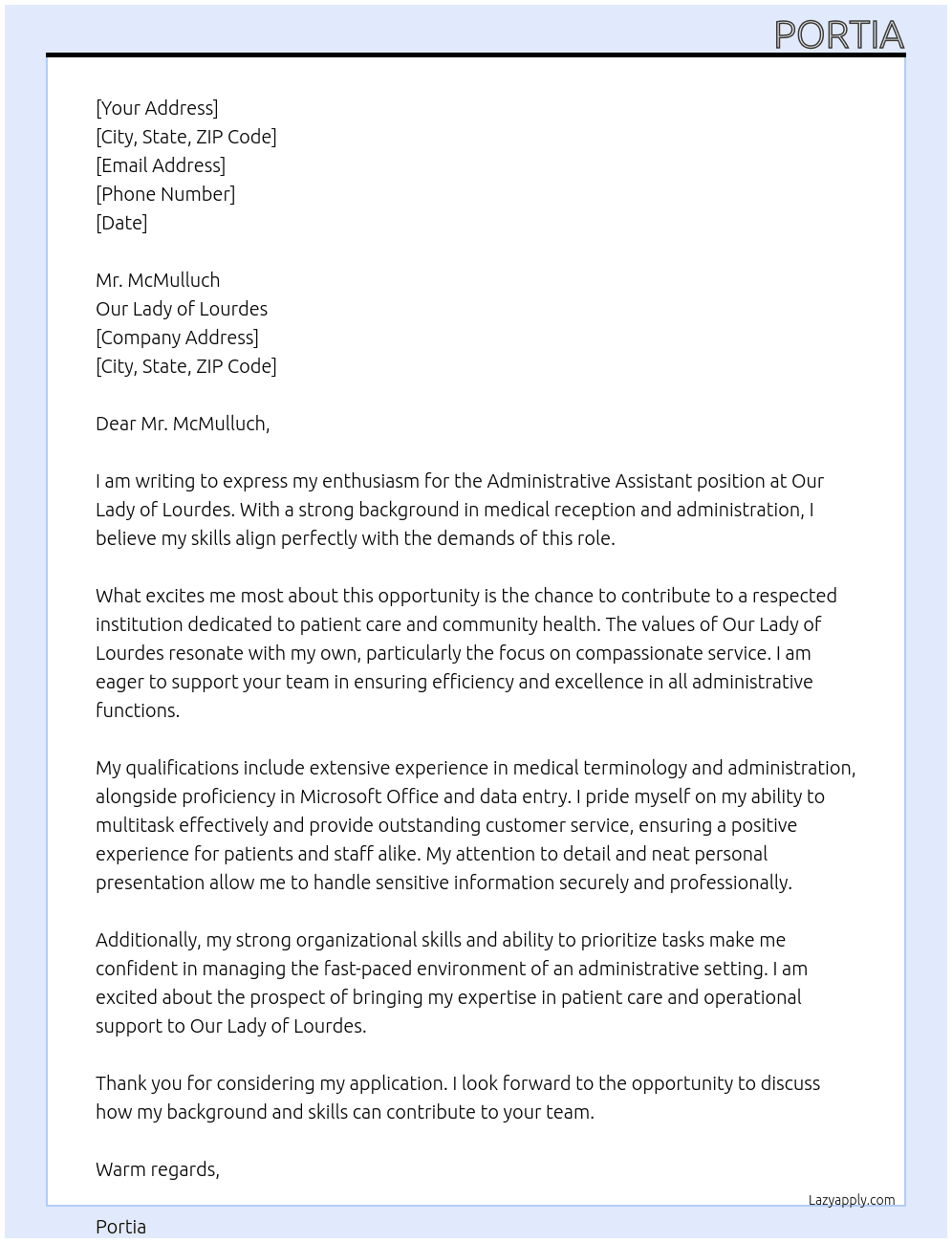 Administrative assistant At Our Lady of Lourdes Cover Letter
