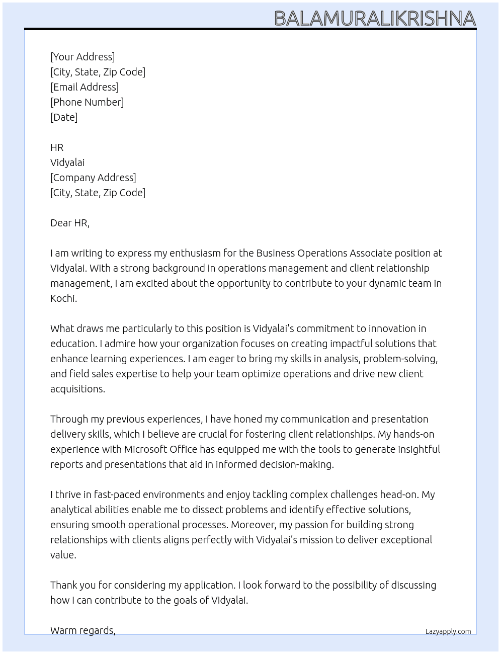 Business Operations Associate At Vidyalai Cover Letter