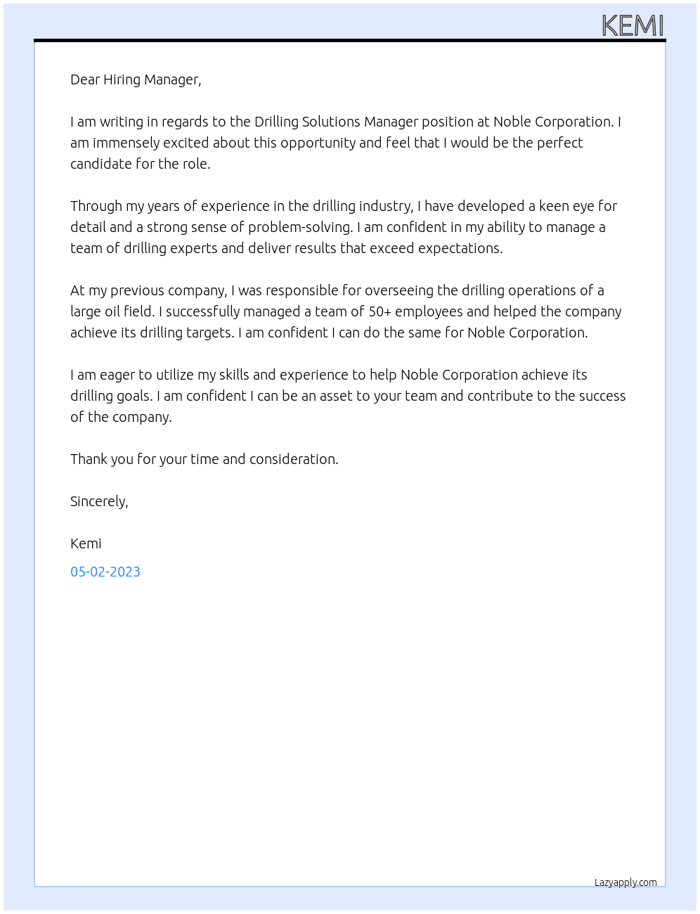 Drilling Solutions Manager At Noble Corporation Cover Letter