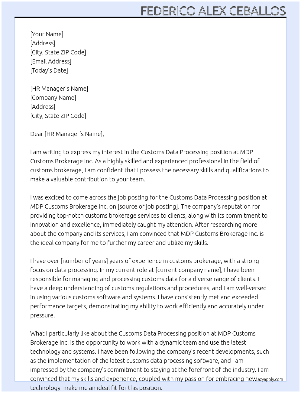 customs data processing At MDP Customs Brokerage Inc. Cover Letter