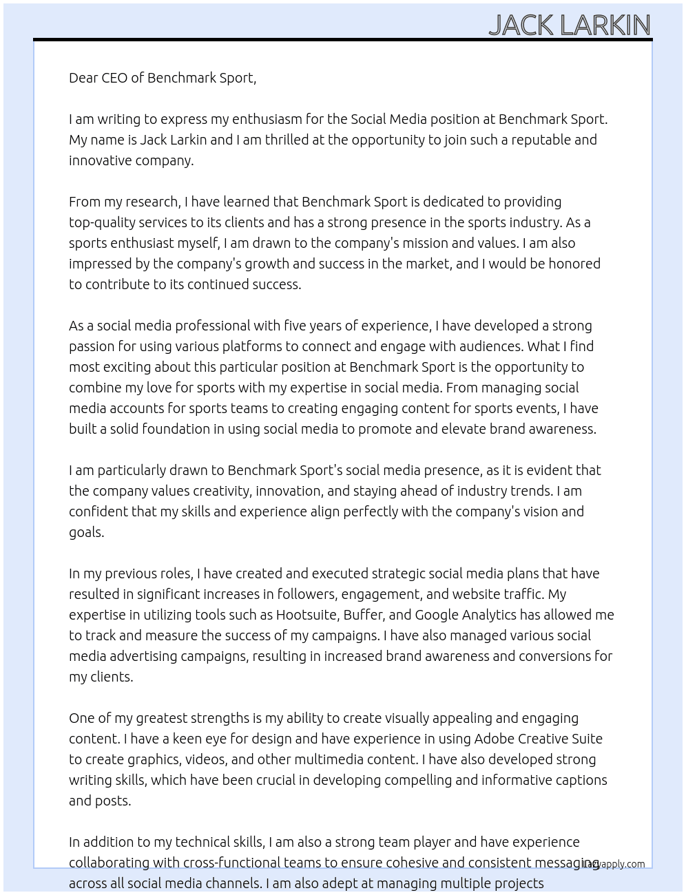 Social Media At benchmark sport Cover Letter