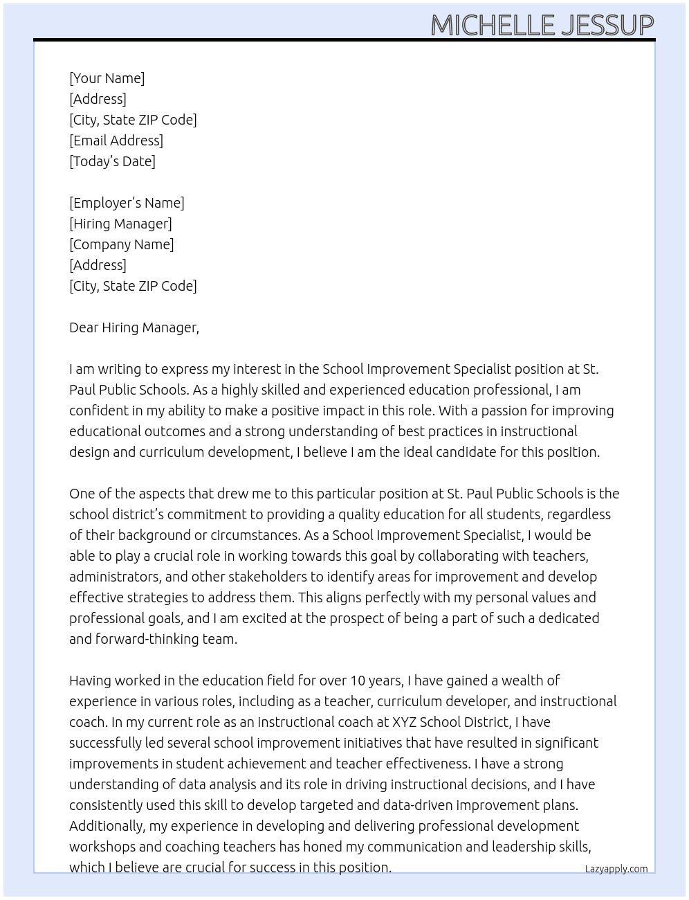School Improvement Specialist At St. Paul Public Schools Cover Letter